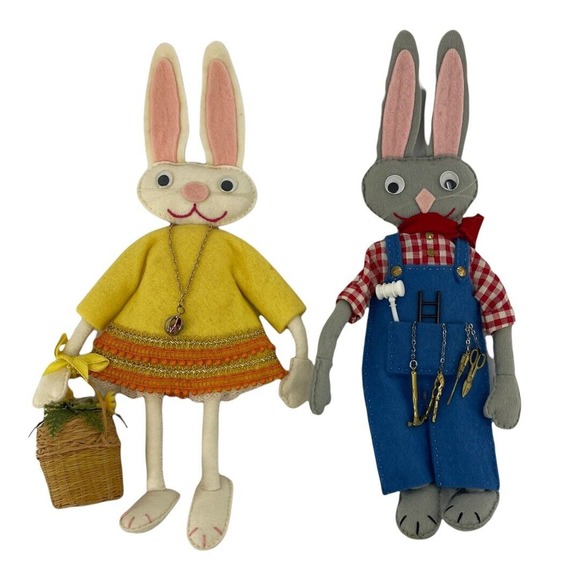 Vintage Easter Bunny Felt Dolls Boy & Girl Rabbit 11" Handmade Stuffed Animals - Picture 1 of 9